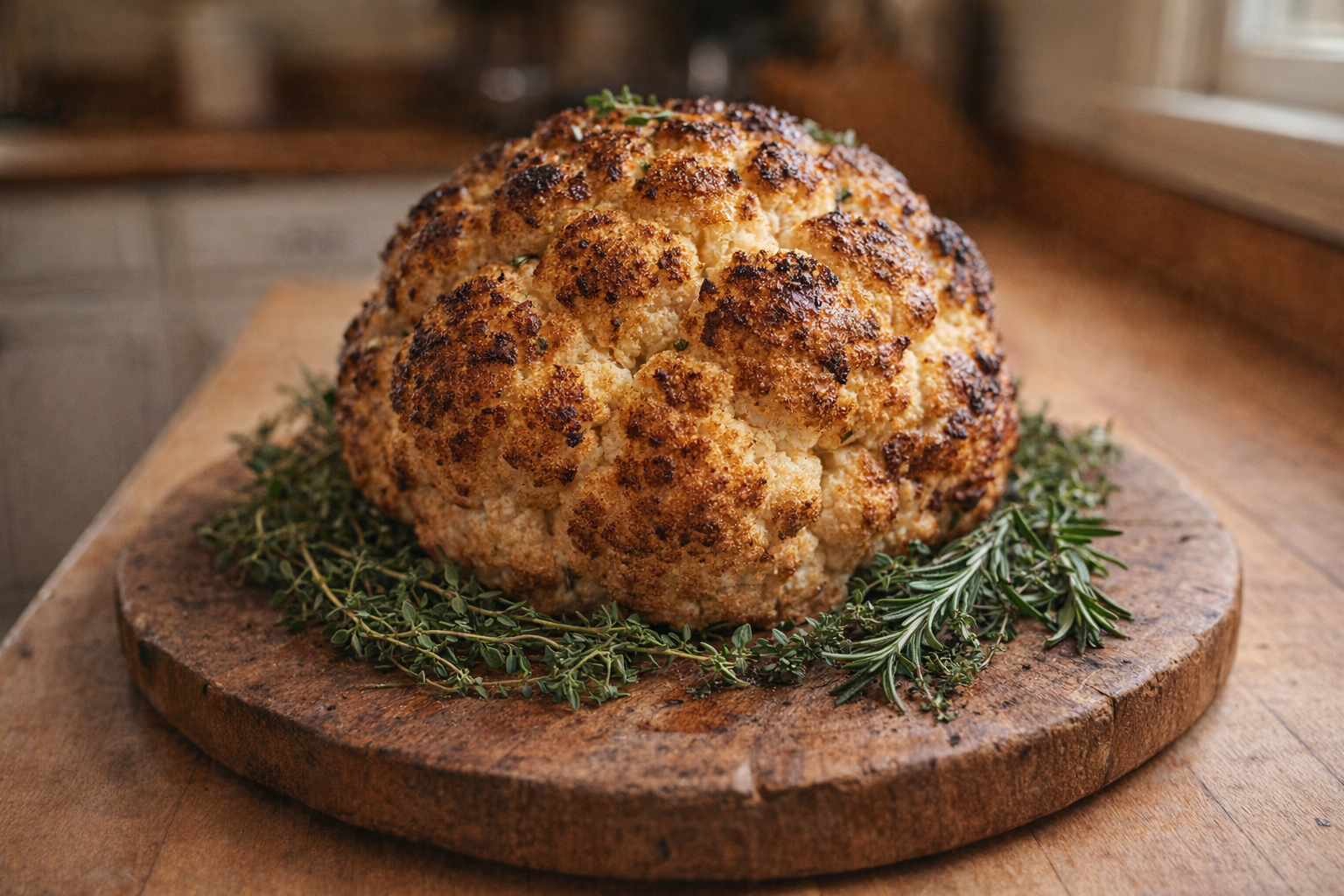 A whole roasted cauliflower sits on a rustic wooden platter, golden brown and slightly charred, surrounded by sprigs of fresh thyme and rosemary. The lighting is warm and inviting, highlighting the textures of the cauliflower.